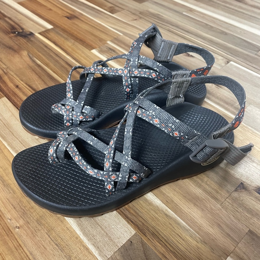 Chaco Women's Black Sandals with Gray and Orange Patterned Straps